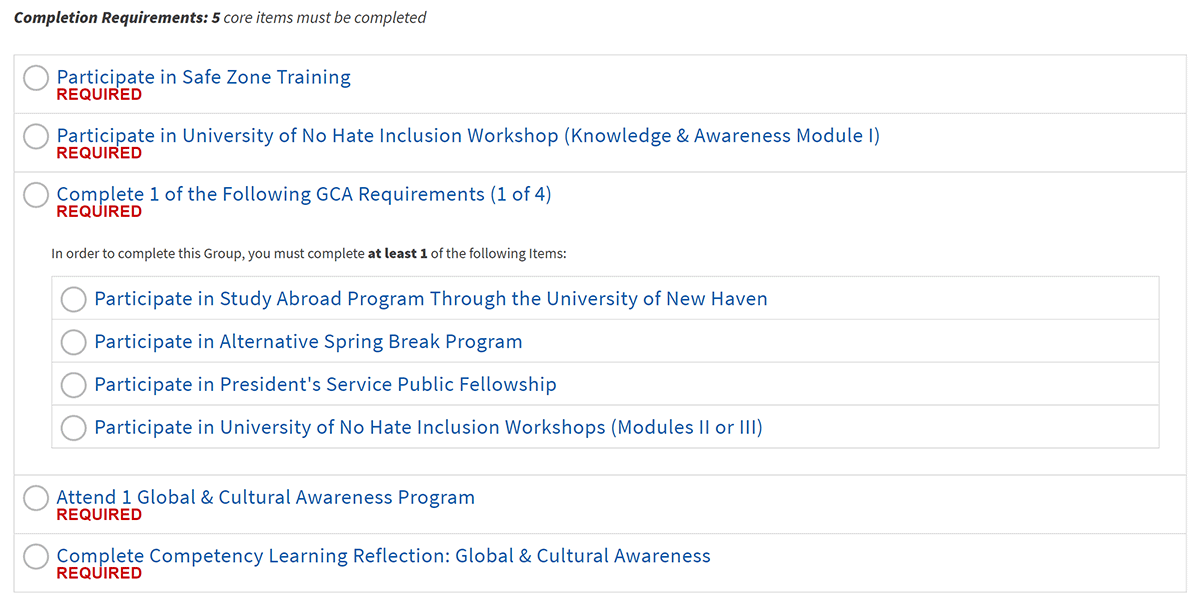 Certified Leader Program (CLP) at University of New Haven completion requirements screenshot