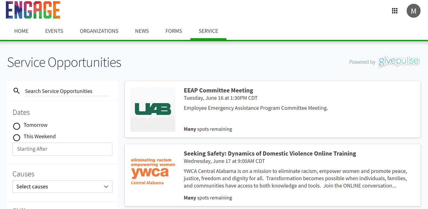 Screenshot of UAB Engage Service Opportunities